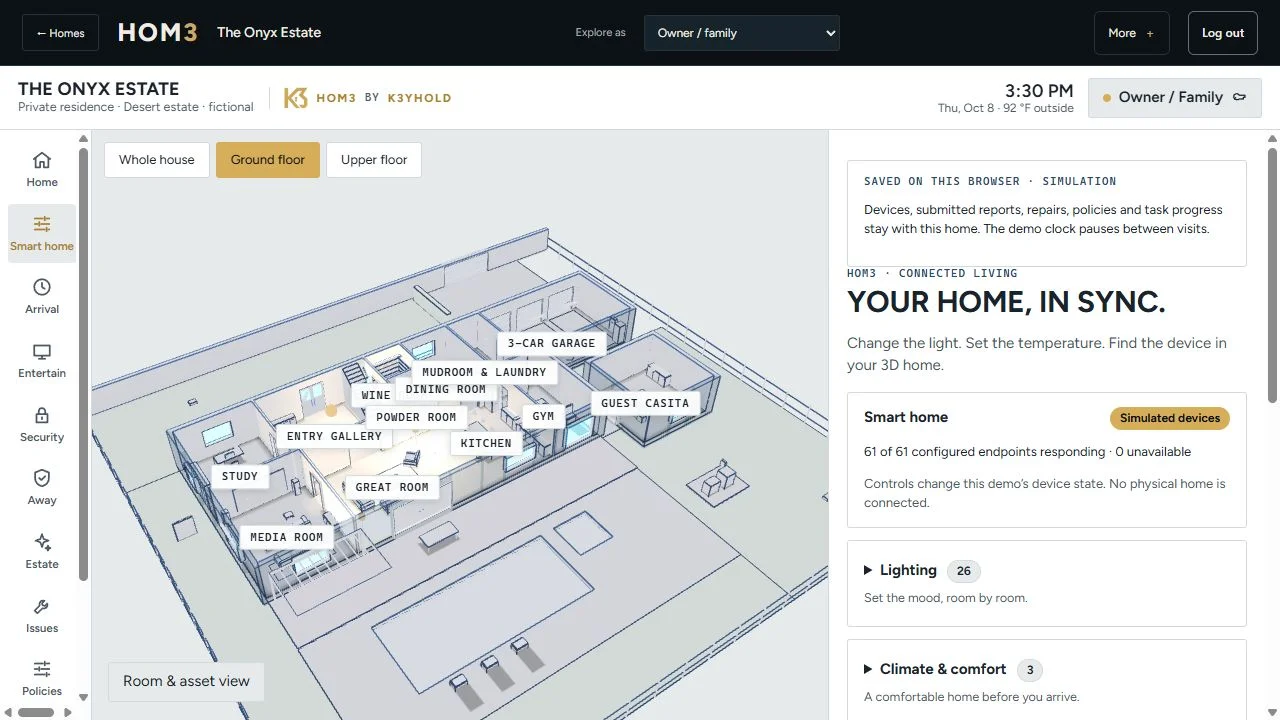 HOM3 interactive 3D estate and smart-home controls in its development demo